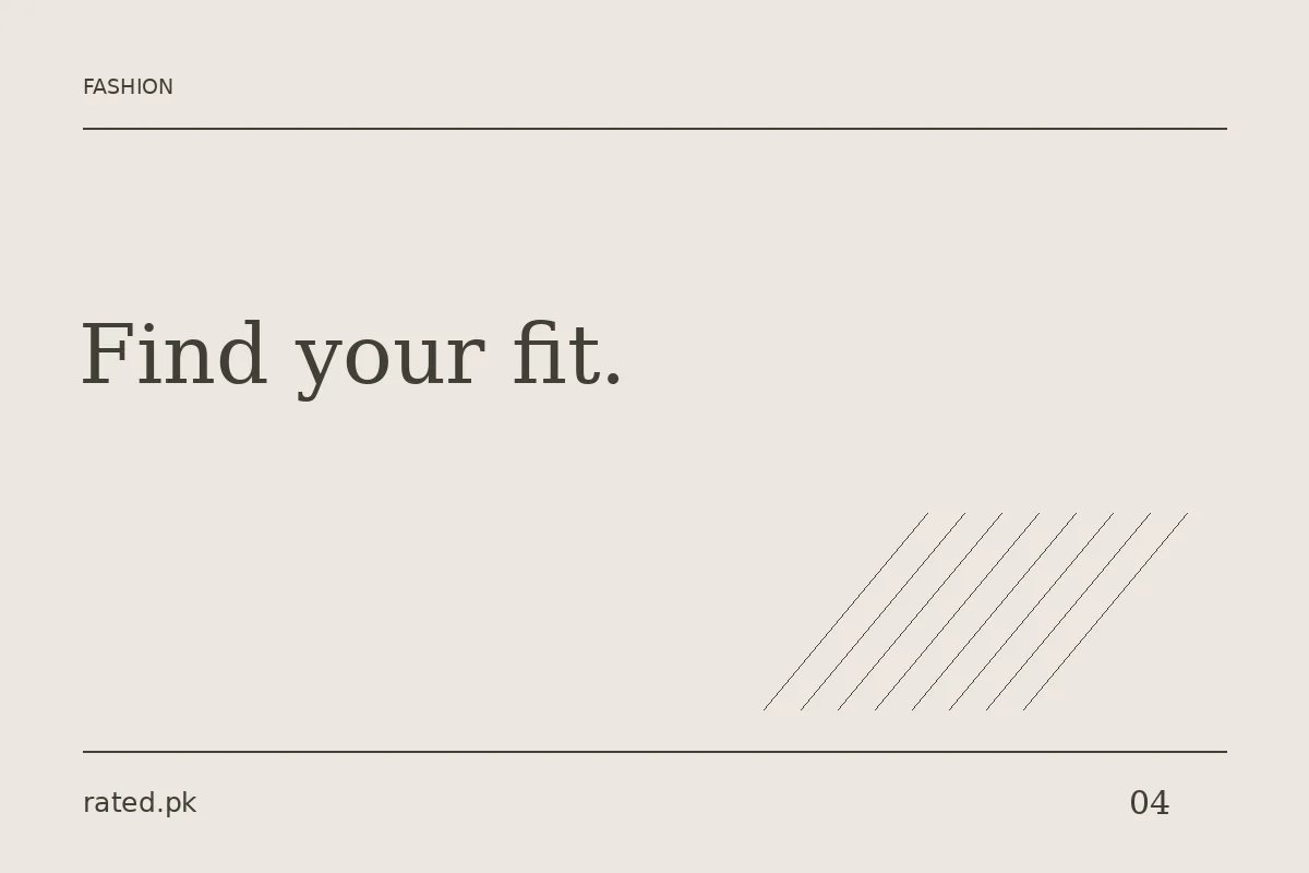 Rated.pk editorial graphic reading Find your fit, for a kurta sizing guide.