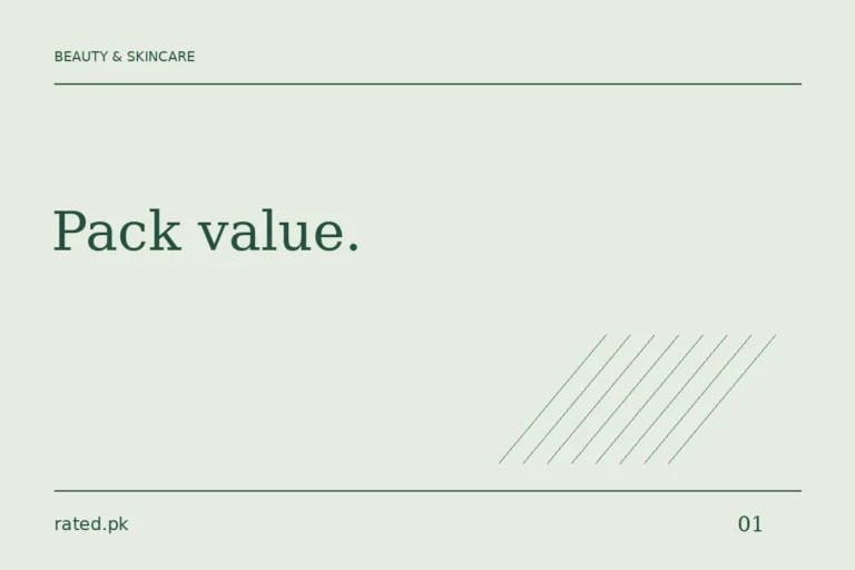 Rated.pk editorial graphic reading Pack value, for a moisturiser pack-size comparison.